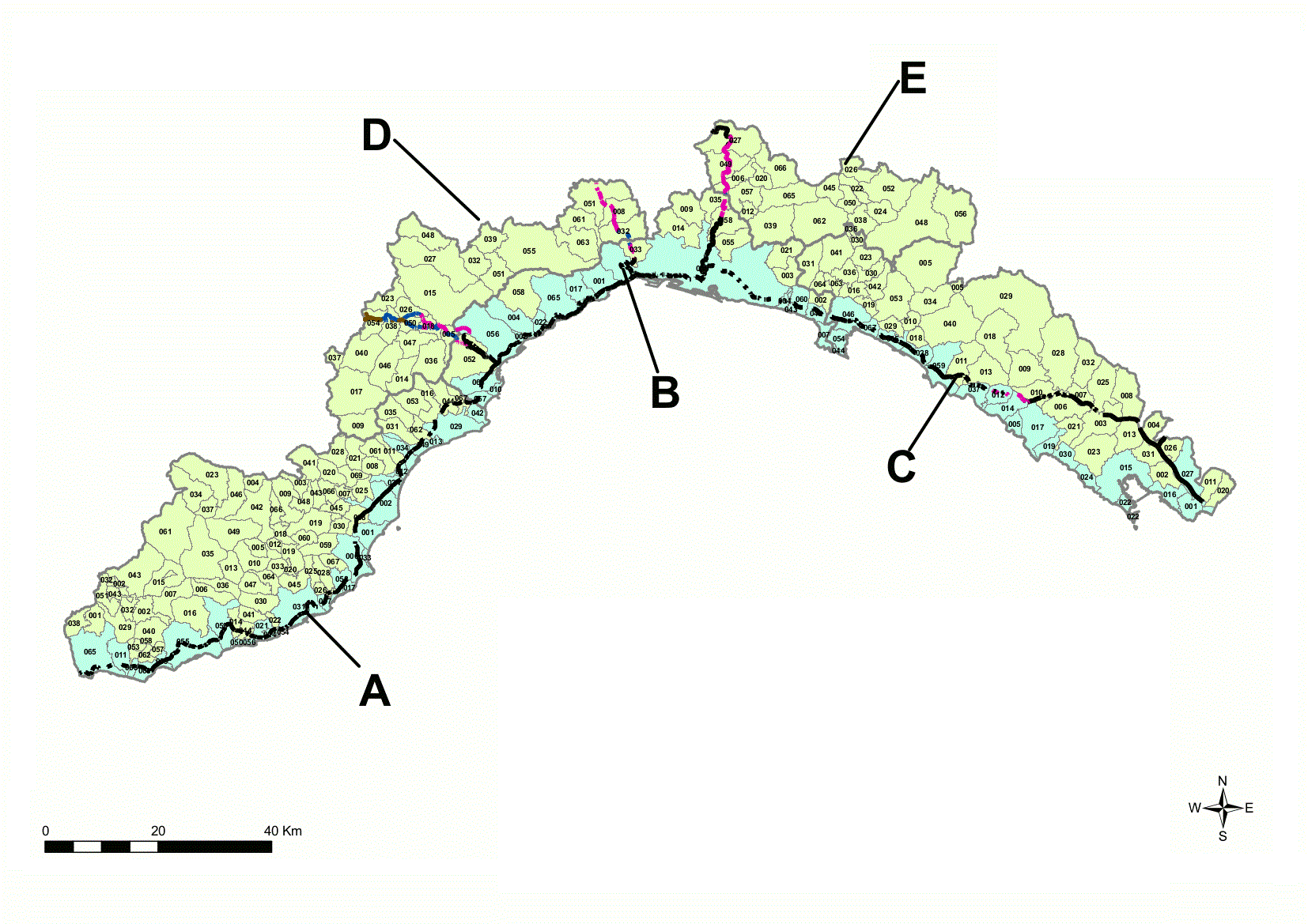 Mappa della Liguria suddivisa in Zone di Allertamento nella quale sono evidenziati i tracciati autostradali di valico appenninico e i comuni costieri